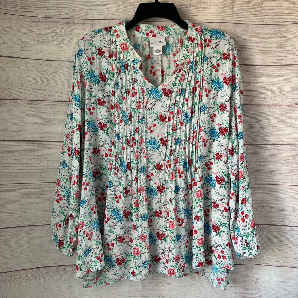 The Vermont Country Store White Floral Blouse 3/4th Sleeves Size Large